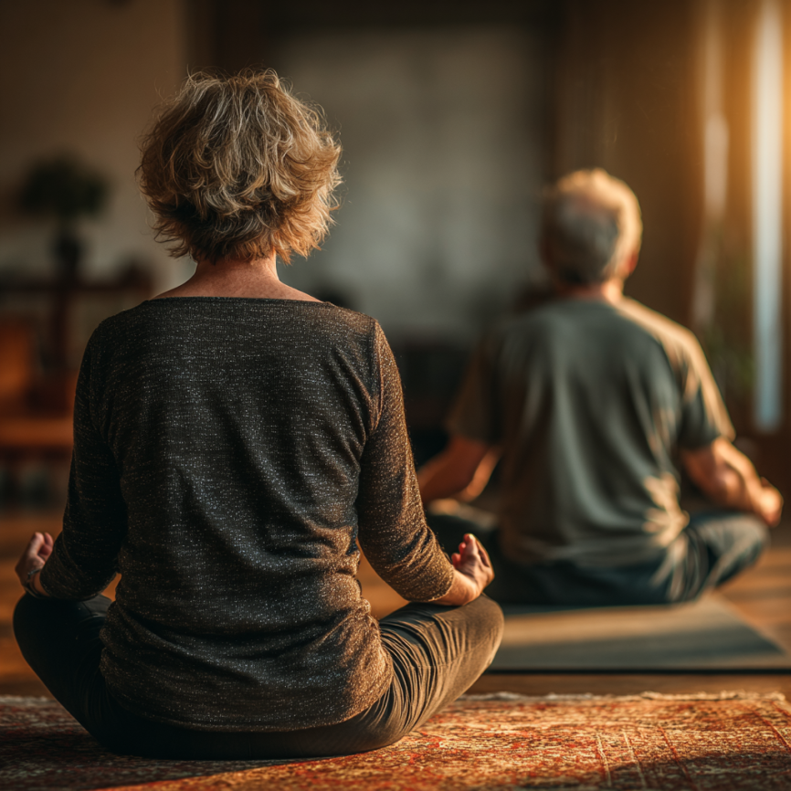 Grupo de personas mayores practicando yoga en un ambiente sereno