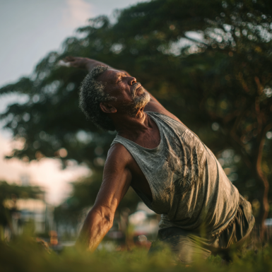 Instructor guiando una clase de yoga suave para adultos mayores